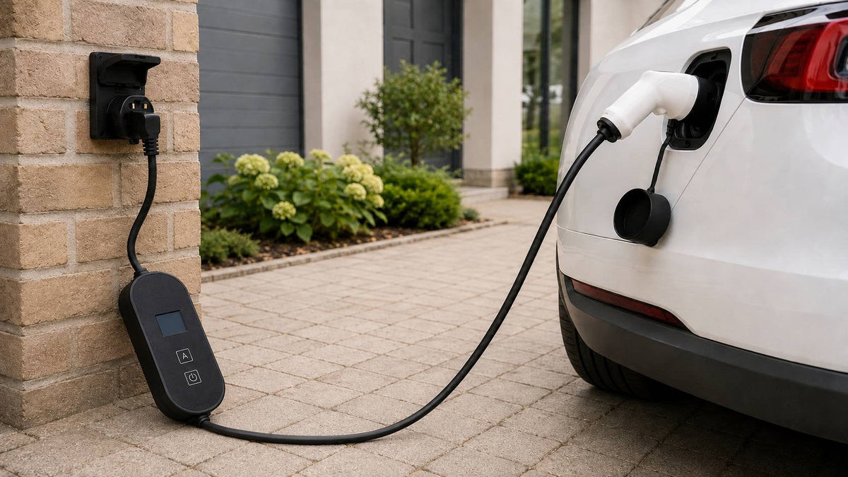 A white electric vehicle plugged into an outdoor wall outlet via a portable EV charger with an inline control box, parked on a paved driveway in front of a brick house.