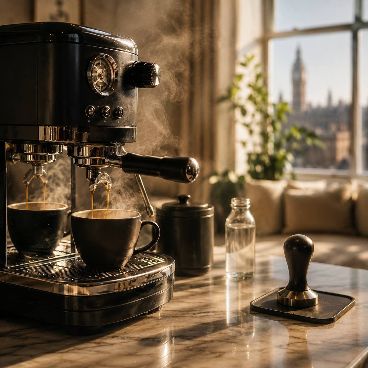 A matte black home espresso machine brewing coffee into a ceramic cup, featuring a vintage pressure gauge and a heavy metal tamper on the counter.