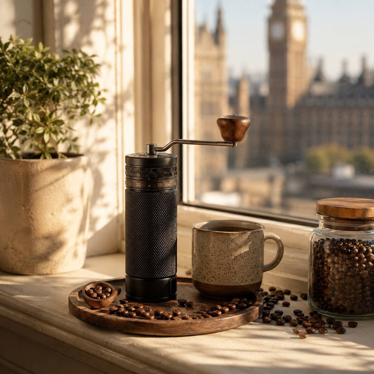 Black manual coffee grinder with a knurled aluminum body and a wooden crank handle on a sunny windowsill next to a ceramic mug and coffee beans.