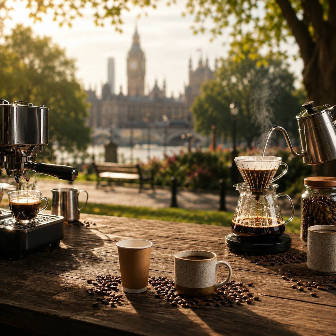A professional horn espresso machine and a glass pour-over dripper set on a rustic wooden table outdoors with a cityscape blurred in the background.