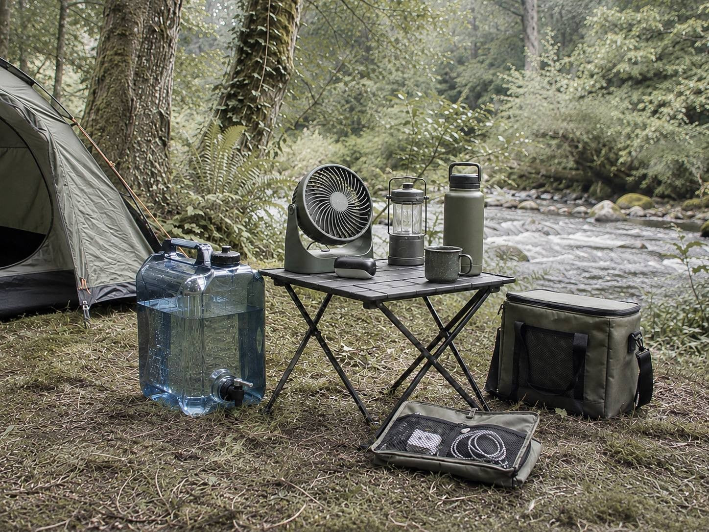 An outdoor camping setup in a forest by a flowing river, featuring a folding table with a portable fan, lantern, thermos, a large water container, a cooler bag, and a tent.