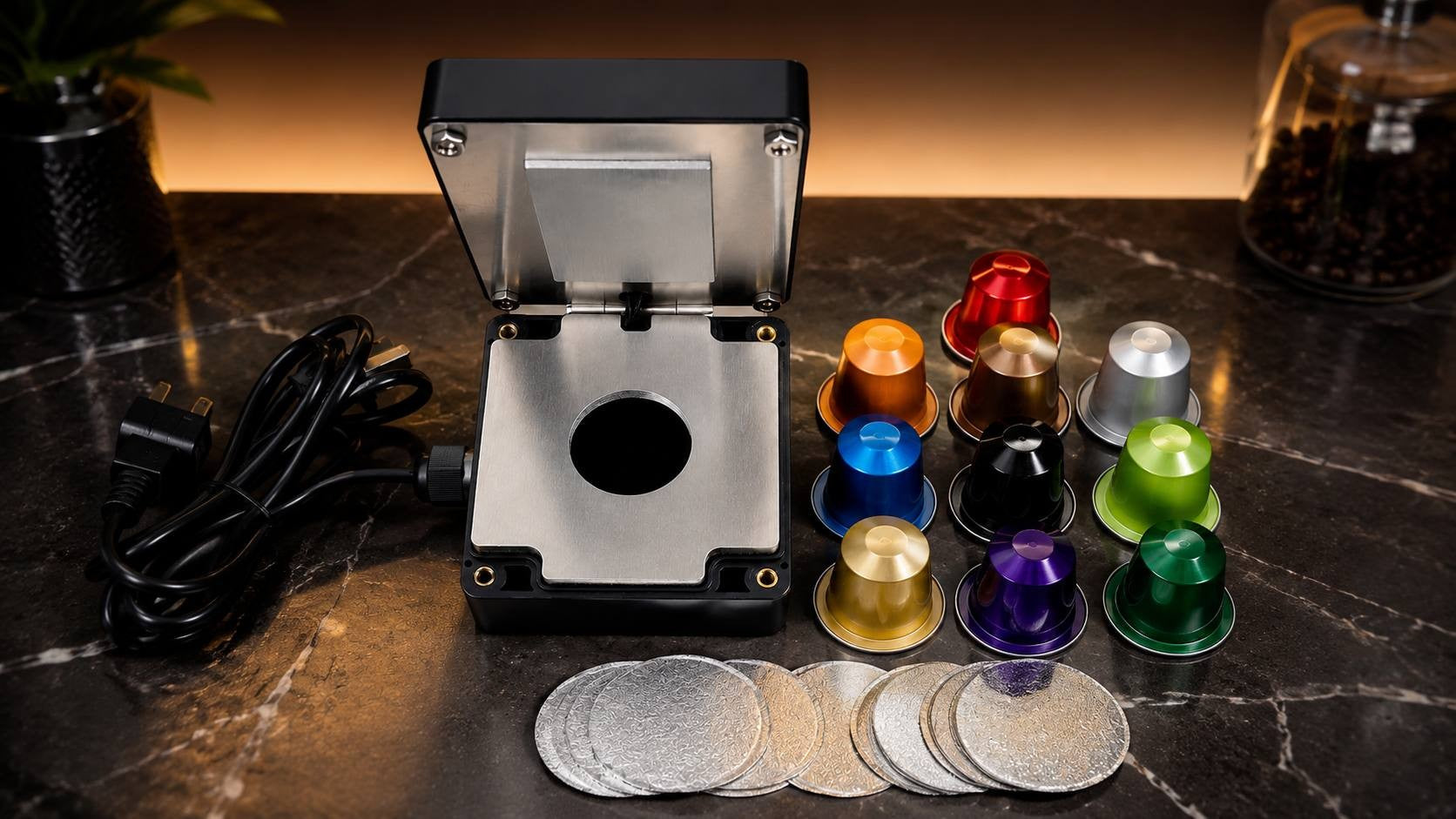 Coffee capsule sealing machine displayed with a variety of colorful reusable pods and aluminum sealing foils on a marble surface.