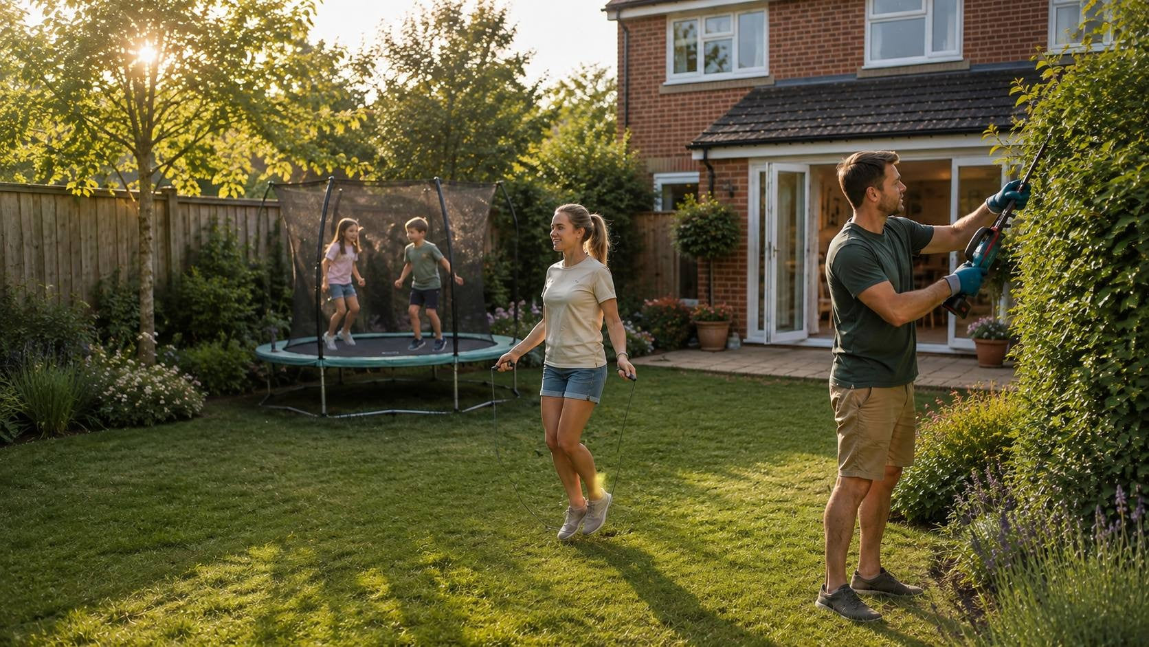 A sunny backyard scene in a residential garden where a man trims a hedge with a cordless tool, a woman jumps rope on the lawn, and two children jump on a trampoline in the background near a brick house.