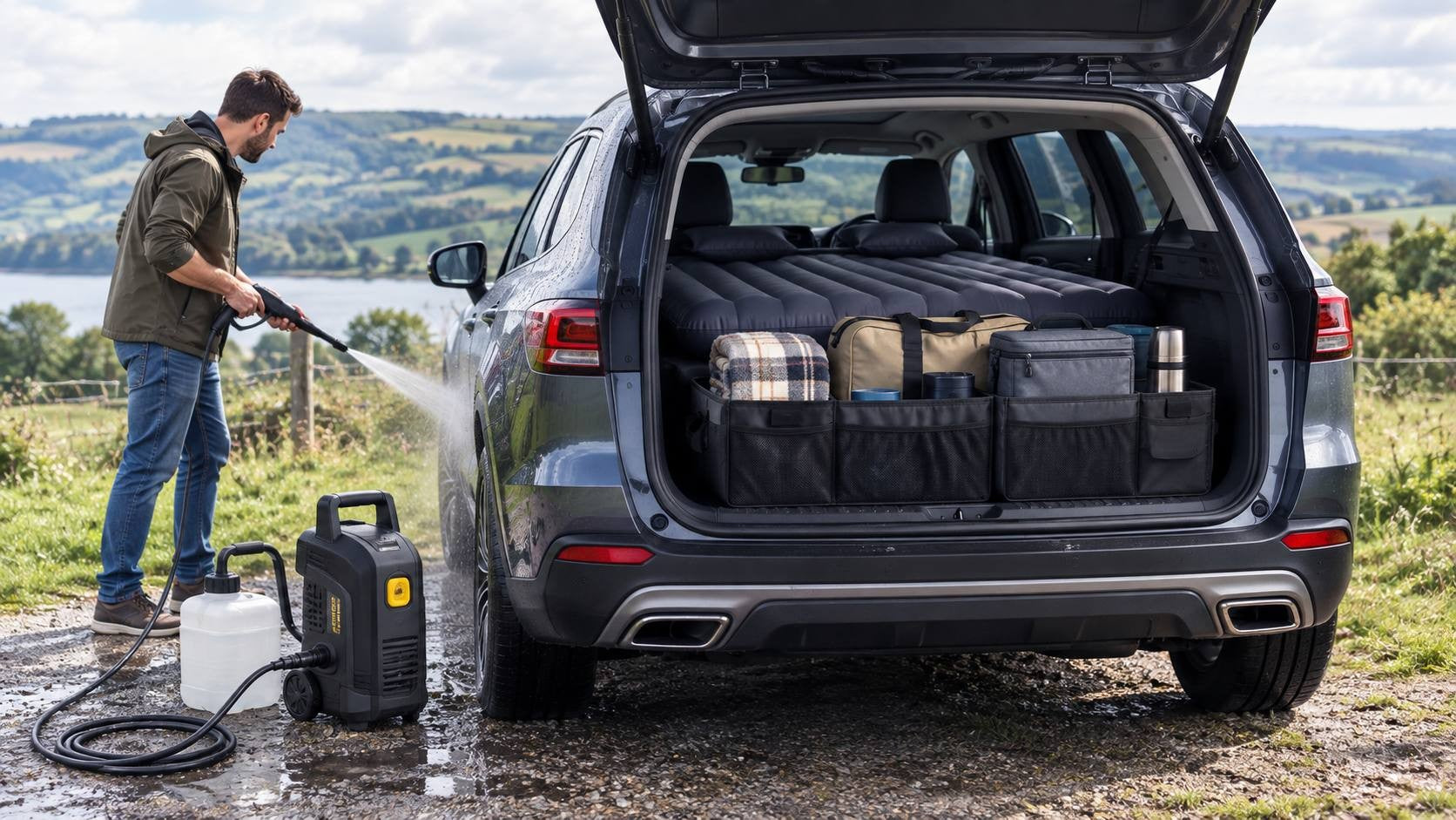 A man using a portable cordless pressure washer connected to a water container to clean his car outdoors, with an SUV open trunk containing an inflatable car mattress, organizer, and camping equipment in a scenic landscape.