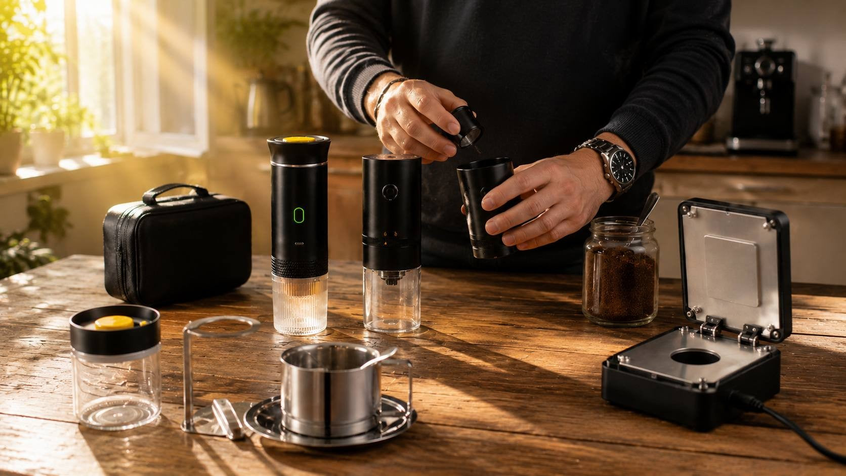 Curated collection of all-in-one portable espresso maker sets designed for brewing fresh coffee while traveling, camping, or working in the office.