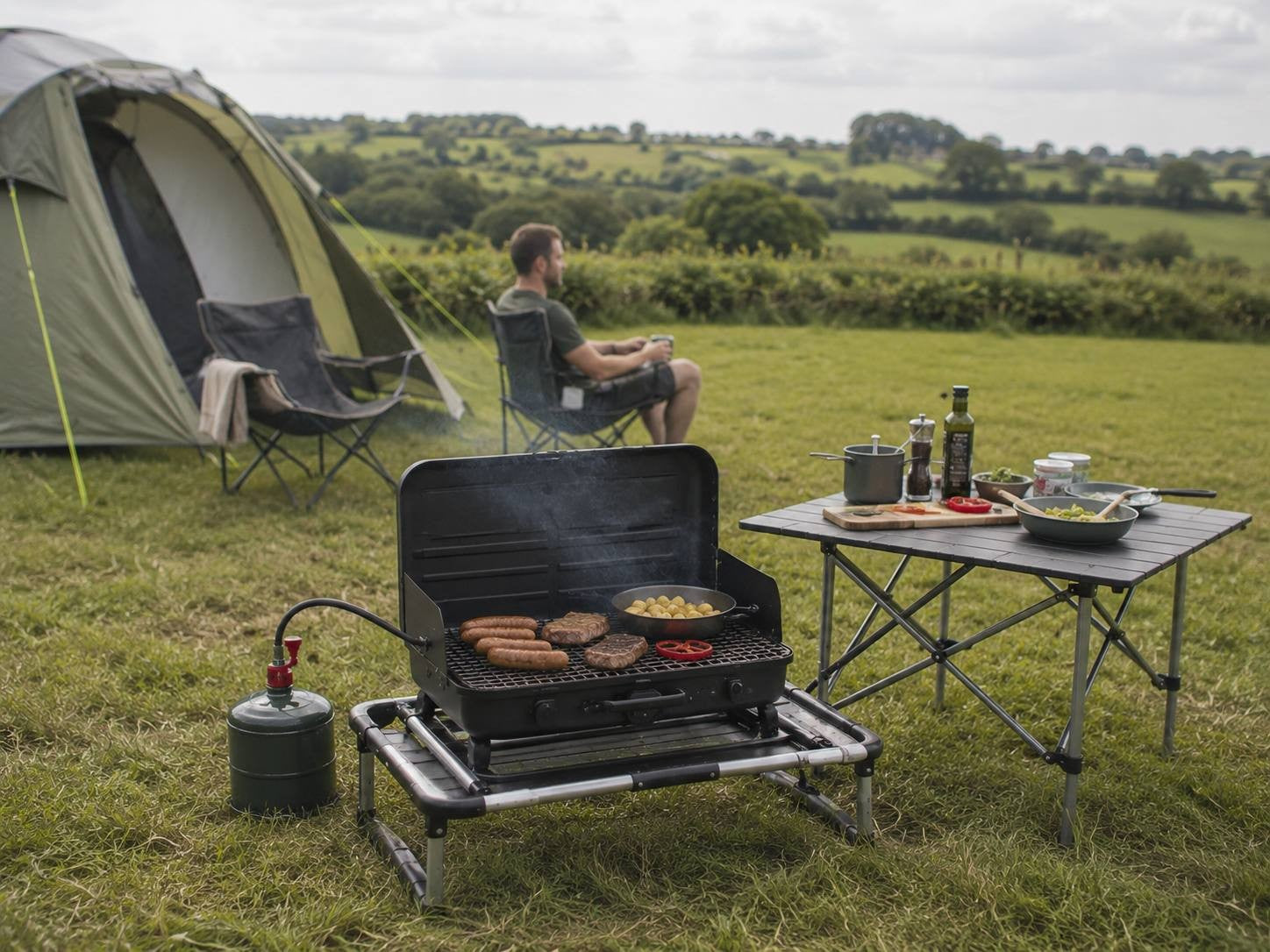 A portable gas grill cooking sausages and steaks on a green lawn at a campsite, with a tent, folding table, and a man relaxing in a chair in the background.