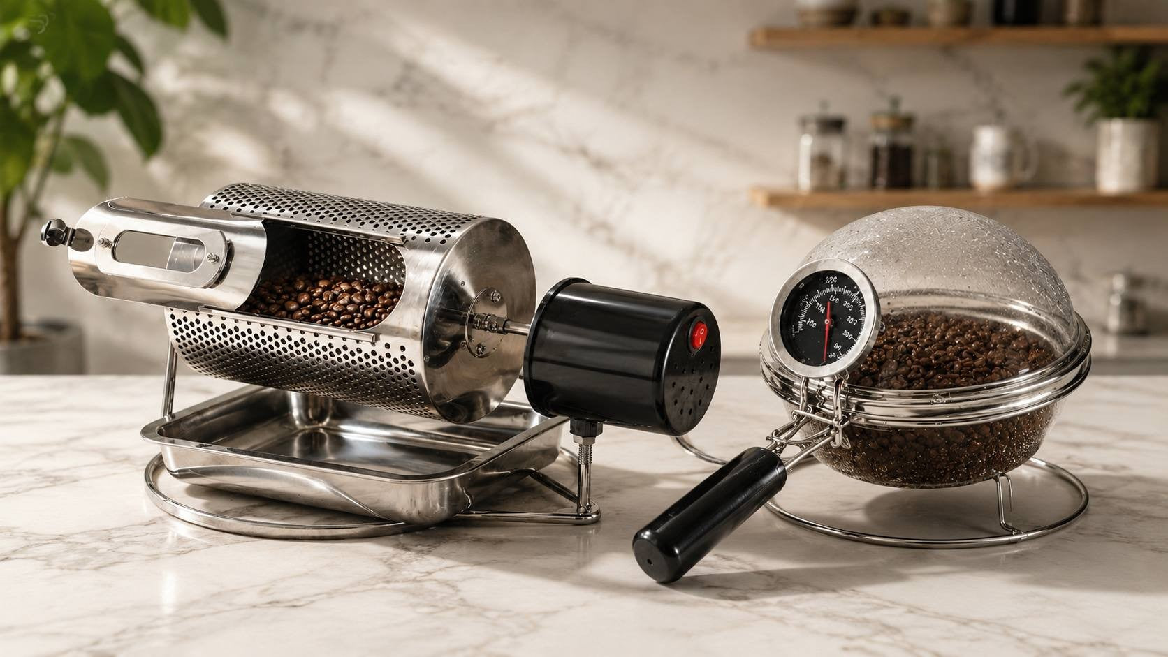 Professional stainless steel coffee bean roaster with a built-in thermometer and cooling bowl for precise home coffee roasting.
