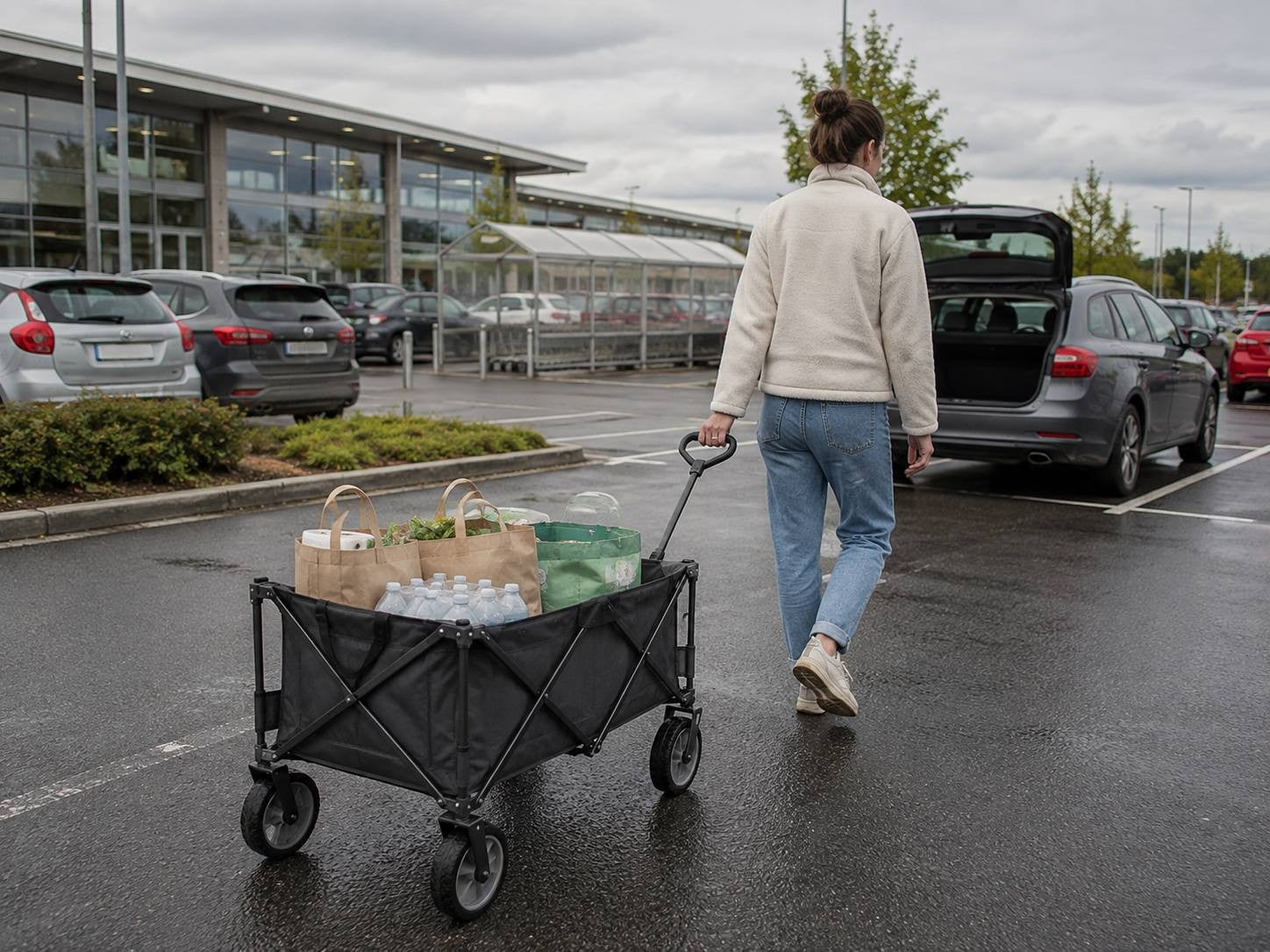 A woman pulling a black folding utility wagon filled with grocery bags and water bottles across a wet parking lot toward the trunk of her car near a supermarket.
