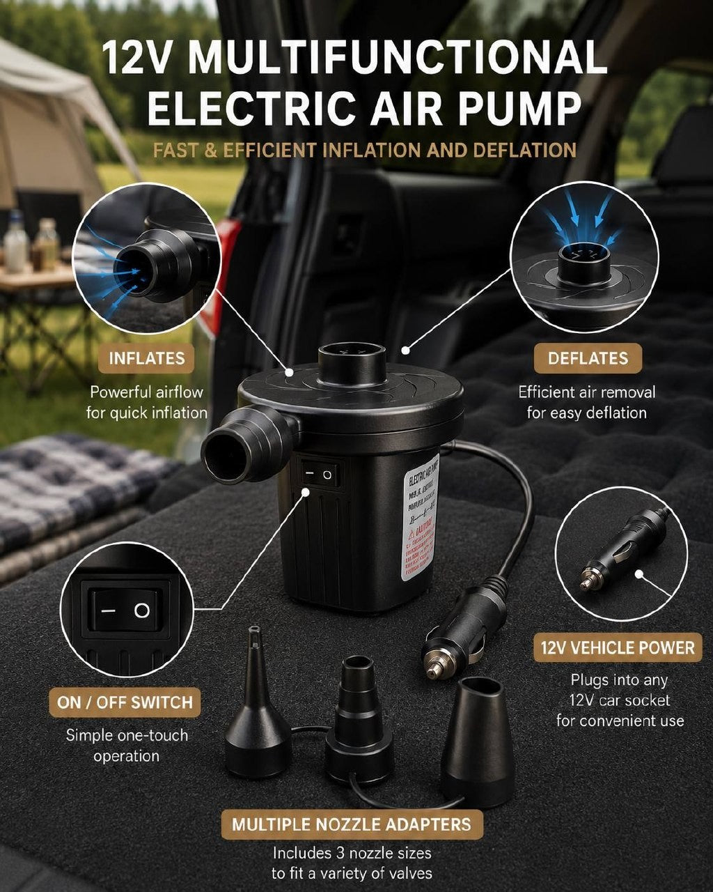 12V multifunctional electric air pump with an on-off switch, vehicle power plug, and three nozzle adapters for inflation and deflation.