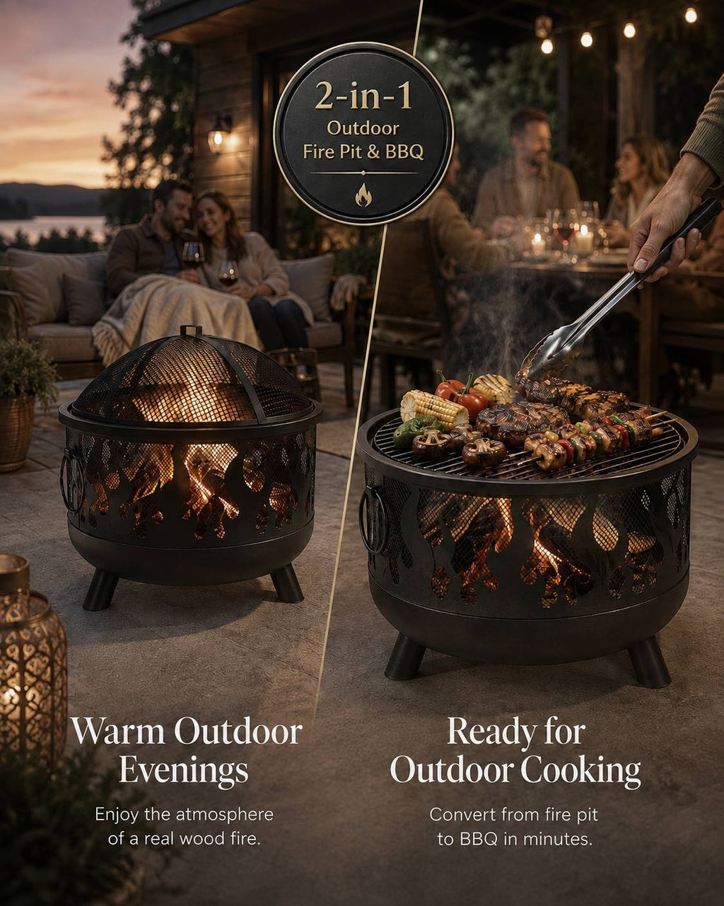 Promotional split-screen image showing a black metal fire pit used for warmth with a family in the background on the left, and used as a barbecue grill with food cooking on the right, featuring text overlays.