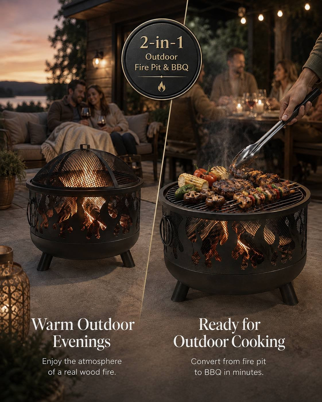 Promotional split-screen image showing a black metal fire pit used for warmth with a family in the background on the left, and used as a barbecue grill with food cooking on the right, featuring text overlays.