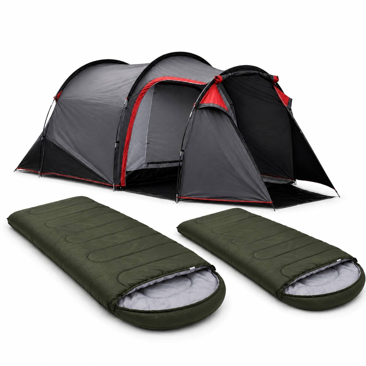 Studio product shot of a complete camping kit against a plain white background, featuring a grey and red 2-person tunnel tent positioned behind two individual green sleeping bags.