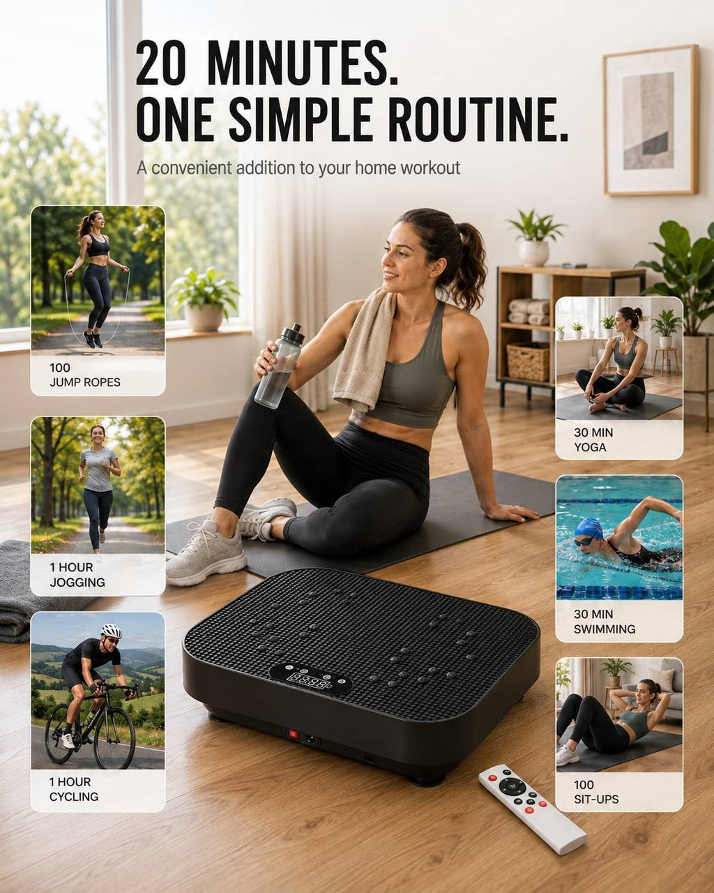 Promotional fitness infographic titled '20 minutes, one simple routine' showing a woman resting on a yoga mat next to a vibration platform, with smaller inset photos comparing equivalent exercises like jumping ropes, jogging, and yoga.