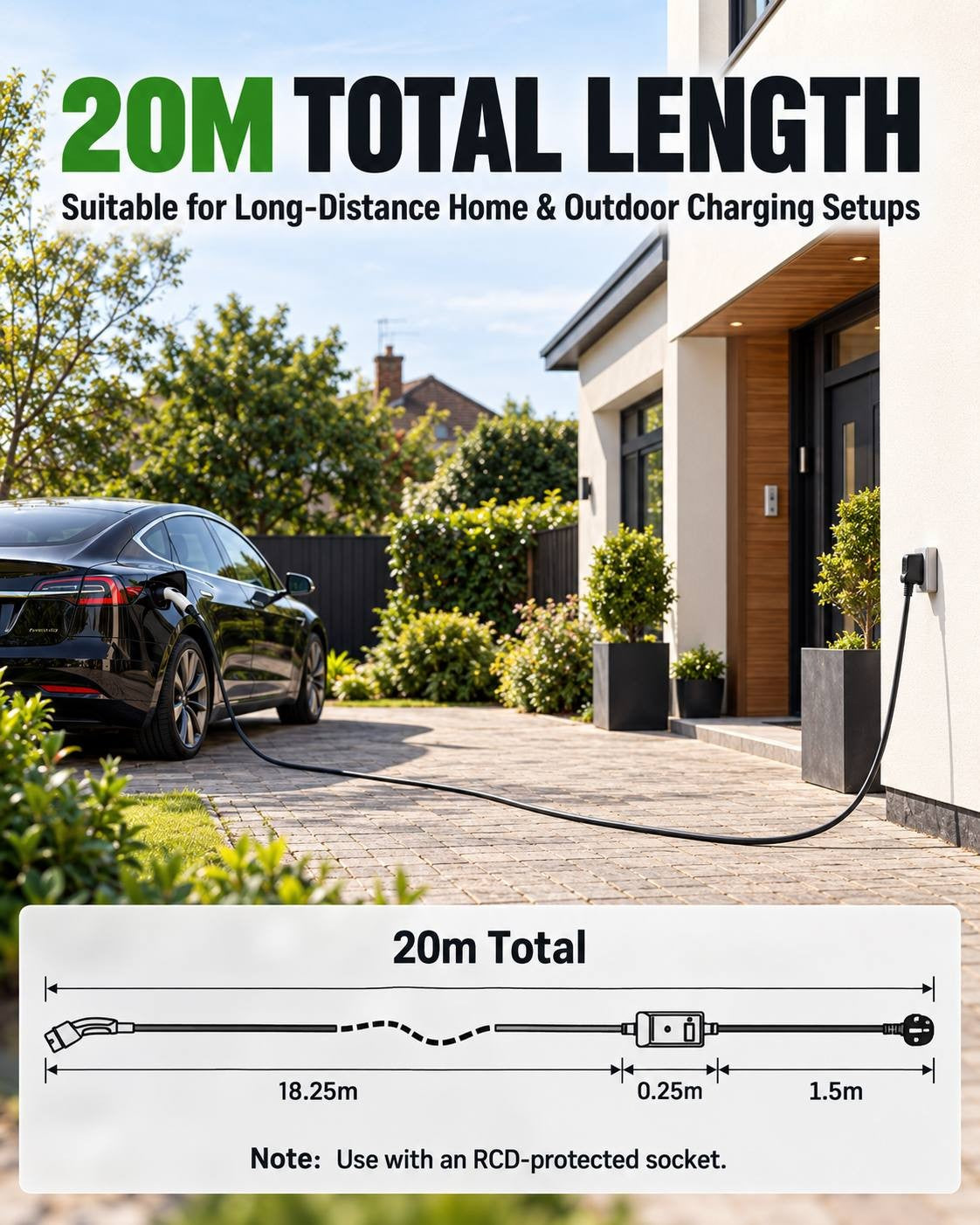 Lifestyle image showing an electric car charging in a driveway with a 20-meter total length portable charger, suitable for long-distance home and outdoor setups.