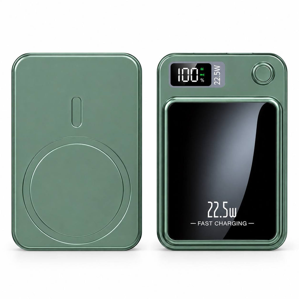 Studio product photo of a 22.5W fast charging green power bank showing both the front digital display side and the back magnetic wireless charging surface.