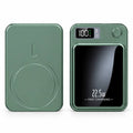 Studio product photo of a 22.5W fast charging green power bank showing both the front digital display side and the back magnetic wireless charging surface.