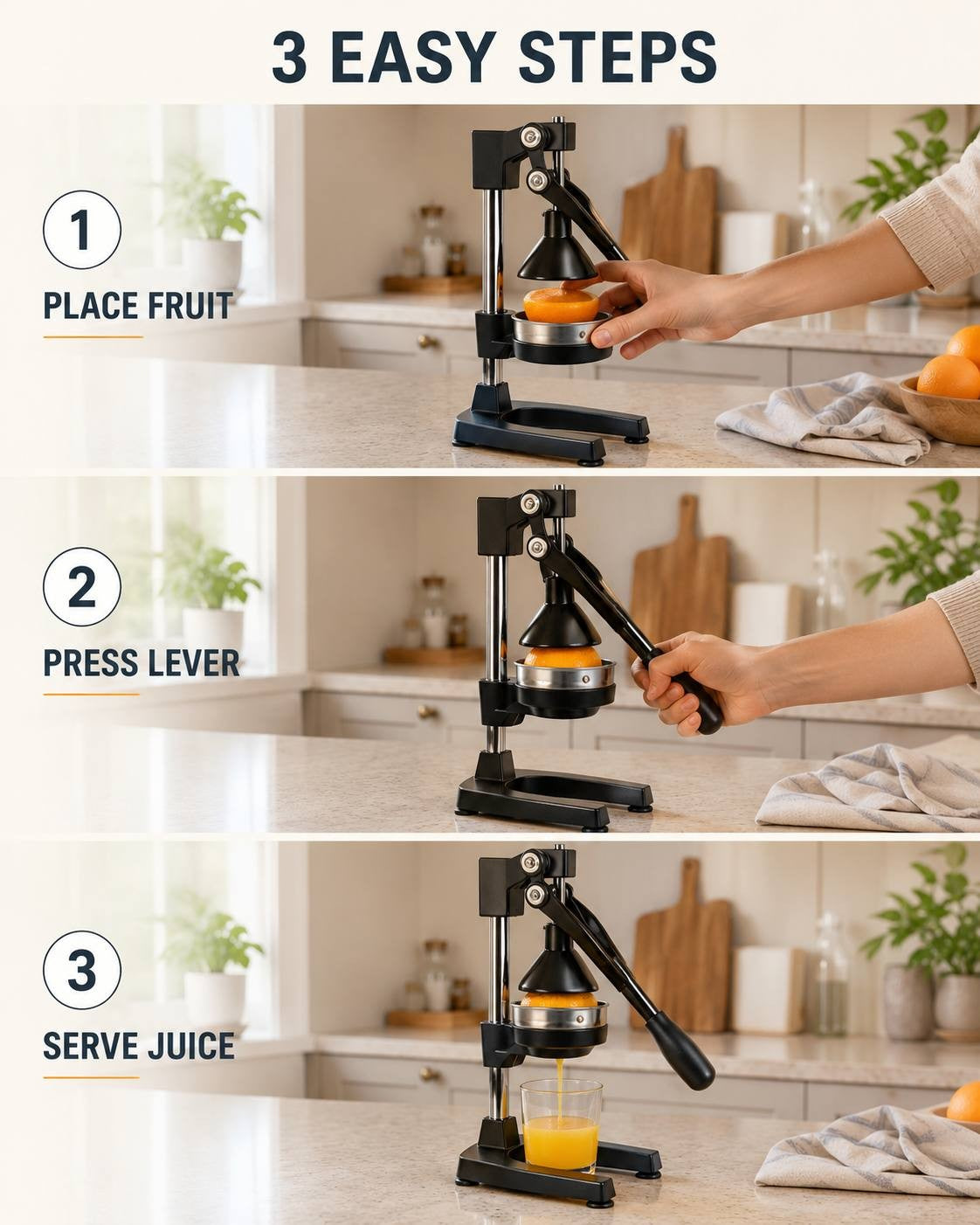 A three-step instruction panel showing how to use a black manual citrus juicer: step 1 place fruit, step 2 press lever, and step 3 serve juice into a glass in a bright kitchen setting.