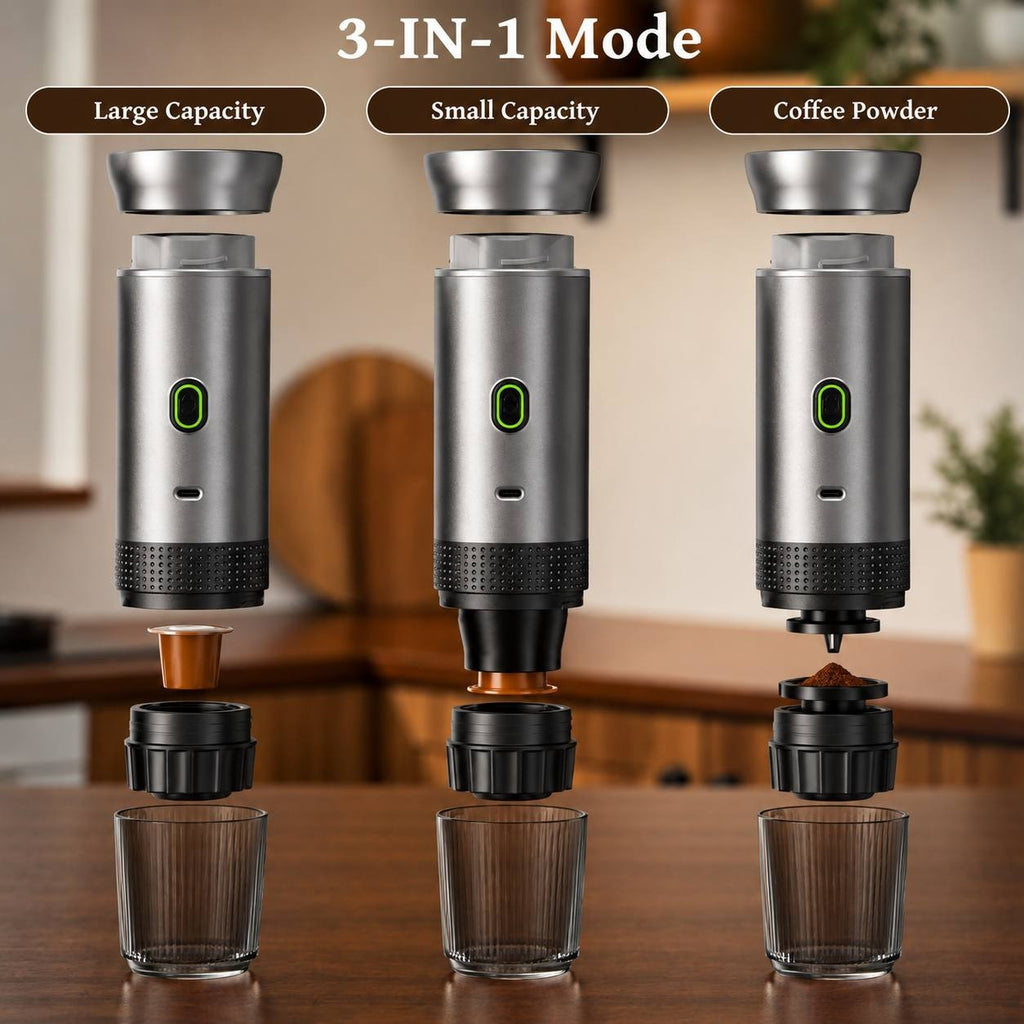 Illustration of three brewing modes for a portable espresso machine: large capsule, small capsule, and ground coffee powder