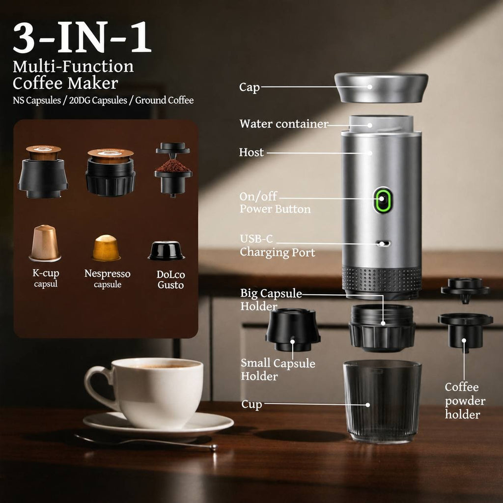 Exploded view diagram of a 3-in-1 portable coffee maker showing internal parts, capsule adapters, and ground coffee filter