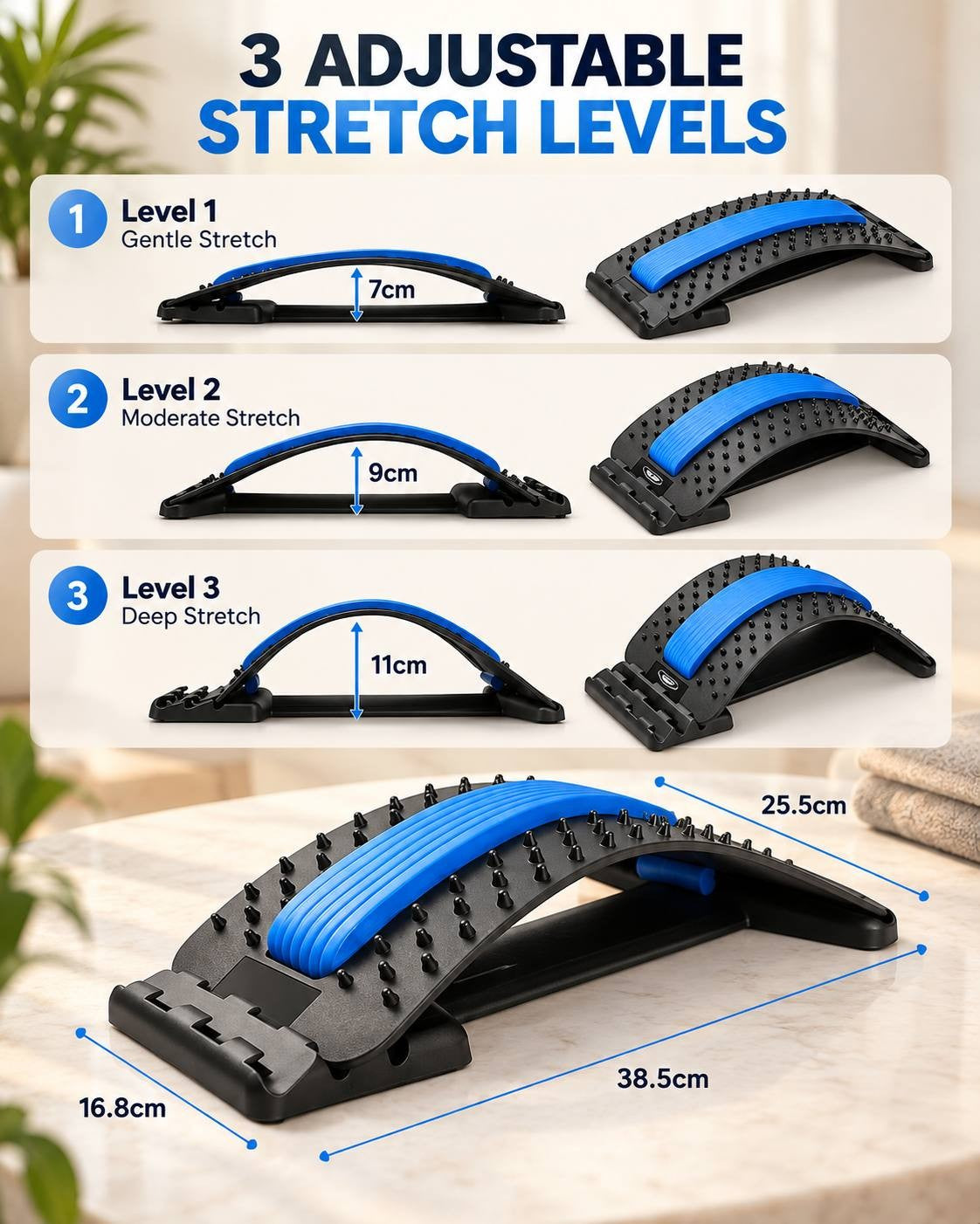 Infographic showing 3 adjustable stretch height levels (7cm, 9cm, 11cm) and overall device dimensions: 38.5cm length, 25.5cm upper width, 16.8cm base width.