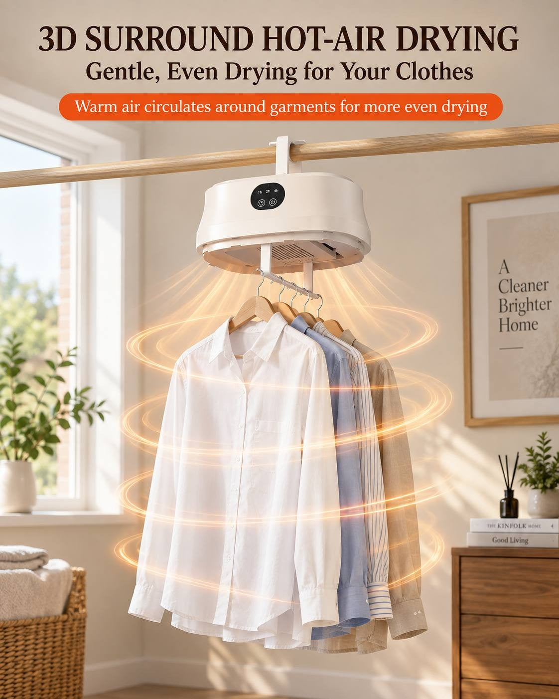Lifestyle feature graphic illustrating 3D surround hot-air drying circulating evenly around hanging shirts directly from the compact portable heating unit.