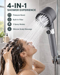 Promotional graphic titled "4-In-1 Shower Experience" highlighting Pressure Boost, Built-In Filter, 3 Spray Modes, and Silicone Scalp Massage, showing a woman washing her hair under the running shower.