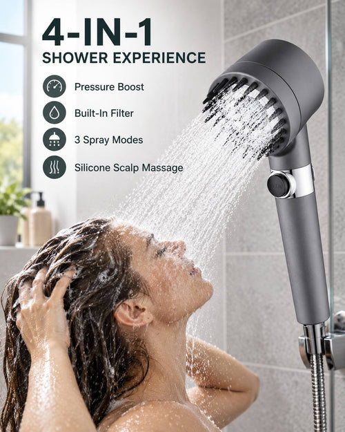 Promotional graphic titled "4-In-1 Shower Experience" highlighting Pressure Boost, Built-In Filter, 3 Spray Modes, and Silicone Scalp Massage, showing a woman washing her hair under the running shower.