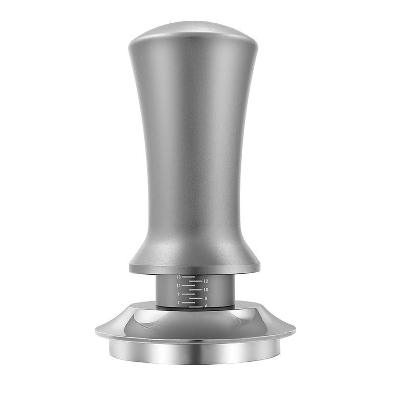 Stainless steel coffee tamping tool on a silver background