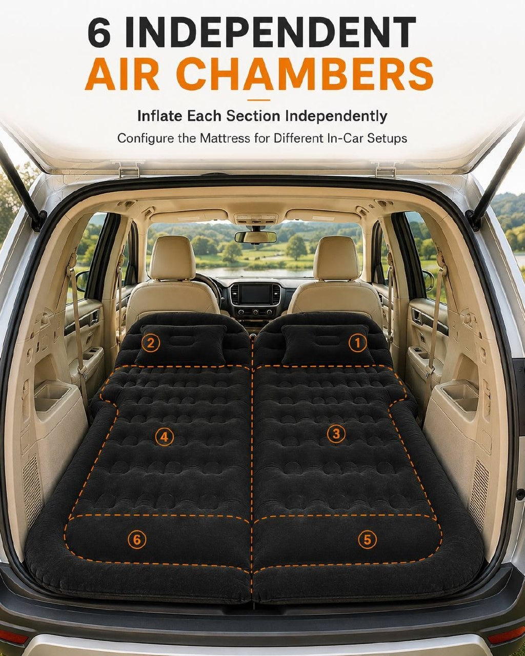 Diagram showing 6 independent air chambers numbered 1 to 6 on a black inflatable car mattress installed inside an SUV trunk.
