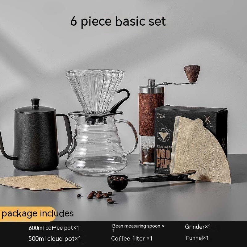 6-piece coffee-making set with various components on a gray surface.