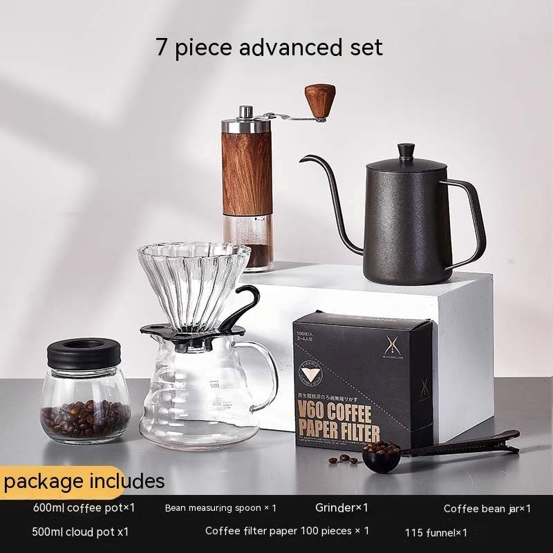 7-piece coffee making set with various components on a light background