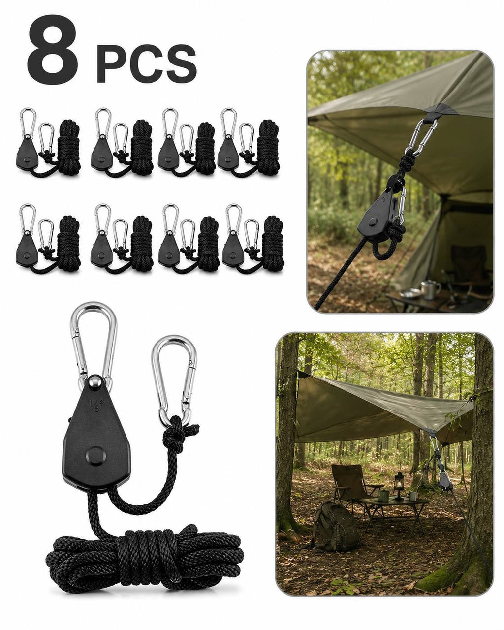 A promotional graphic featuring an 8-piece set of black rope ratchets on the left, alongside two inset photos showing how the ratchets secure a camping tarp to a tree and a tent loop in the forest.
