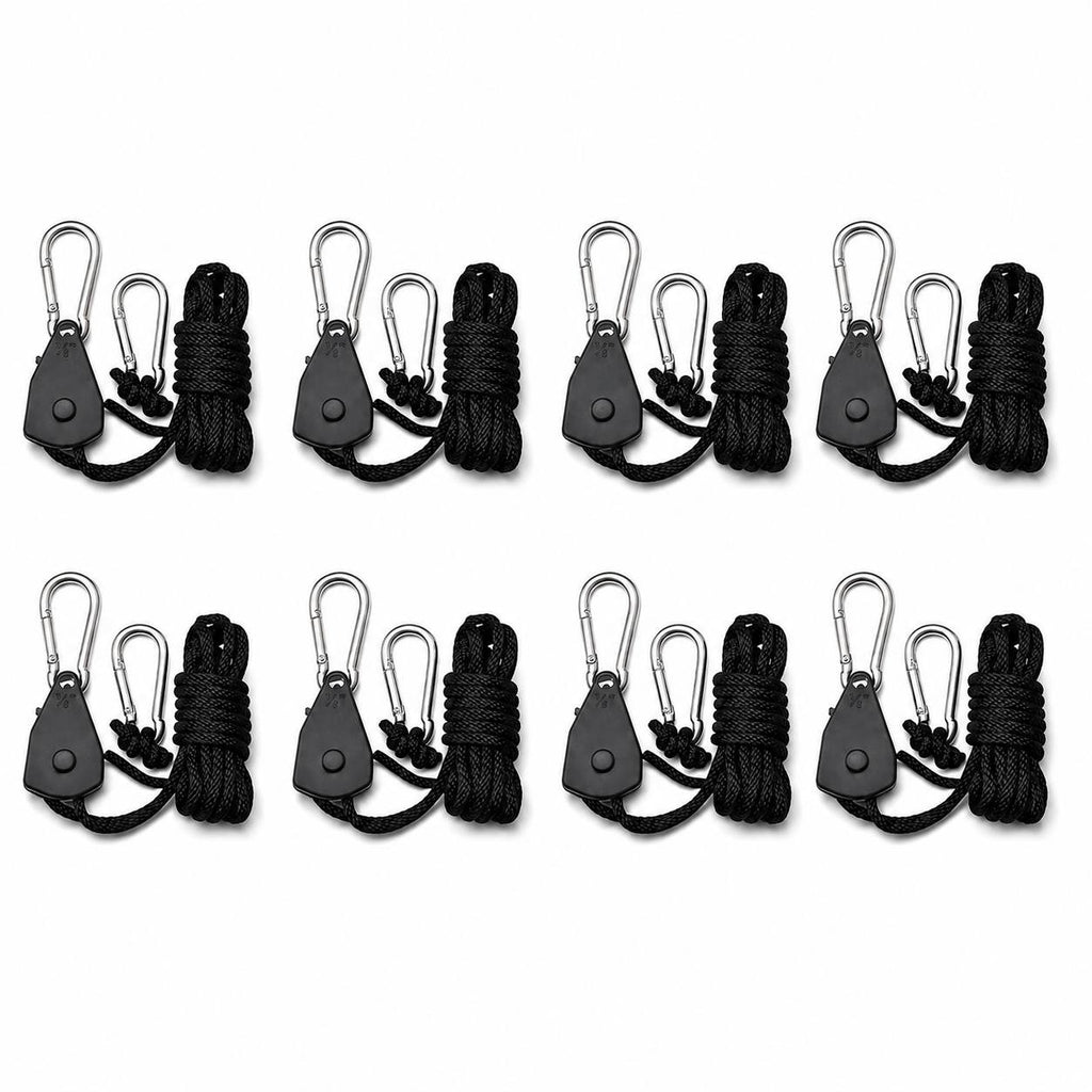 A flat lay product image showing an 8-piece set of black rope ratchets with pulleys, braided black ropes, and silver carabiners on a white background.