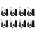 A flat lay product image showing an 8-piece set of black rope ratchets with pulleys, braided black ropes, and silver carabiners on a white background.