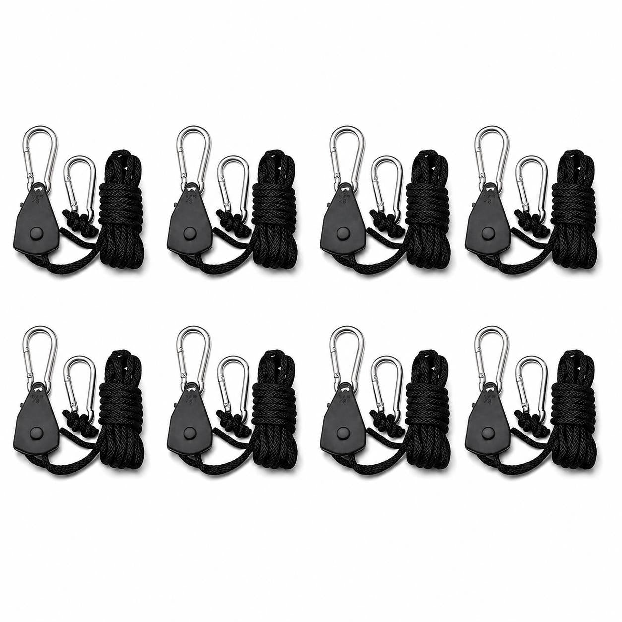 A flat lay product image showing an 8-piece set of black rope ratchets with pulleys, braided black ropes, and silver carabiners on a white background.