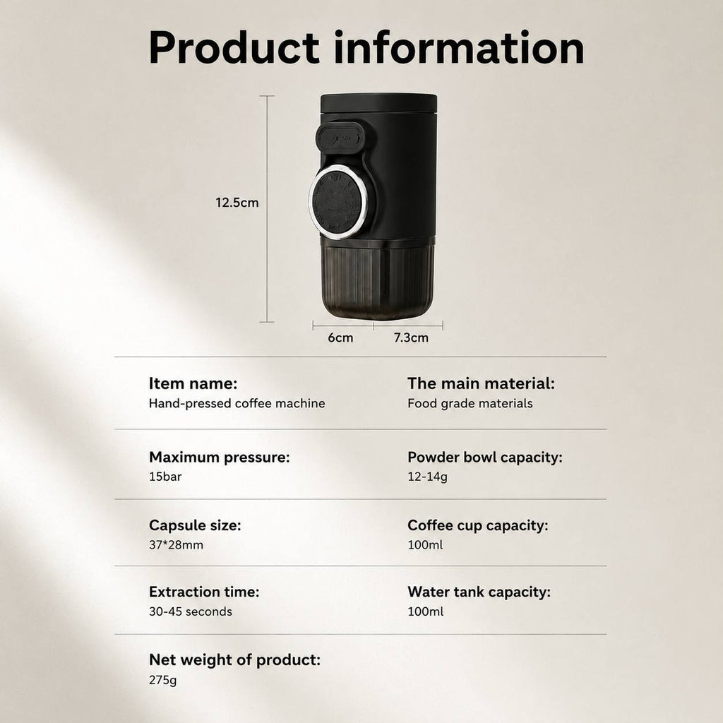 Infographic displaying technical specifications for a portable hand-pressed coffee machine, featuring 15 bar pressure, 100ml water tank, and compact dimensions