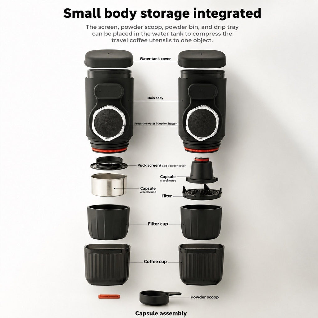 Exploded view diagram of a portable hand-pressed espresso machine showing all integrated components including water tank, capsule adapter, and coffee cup
