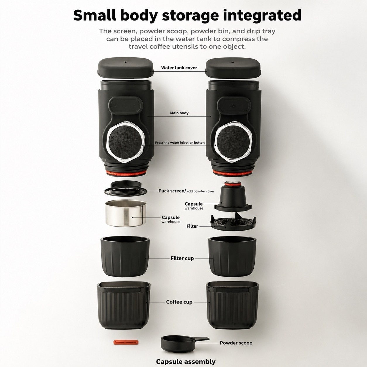 Exploded view diagram of a portable hand-pressed espresso machine showing all integrated components including water tank, capsule adapter, and coffee cup