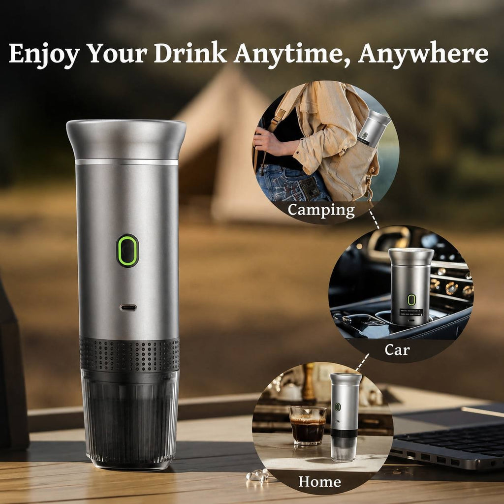 Portable espresso maker shown in use while camping, in a car, and at home, demonstrating its versatility for travel.