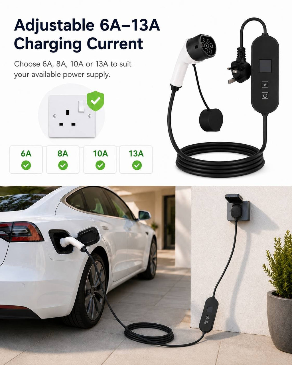 An informational banner featuring a portable EV charger with adjustable current options of 6A, 8A, 10A, and 13A, shown alongside an image of a white electric car charging outdoors from a wall socket.