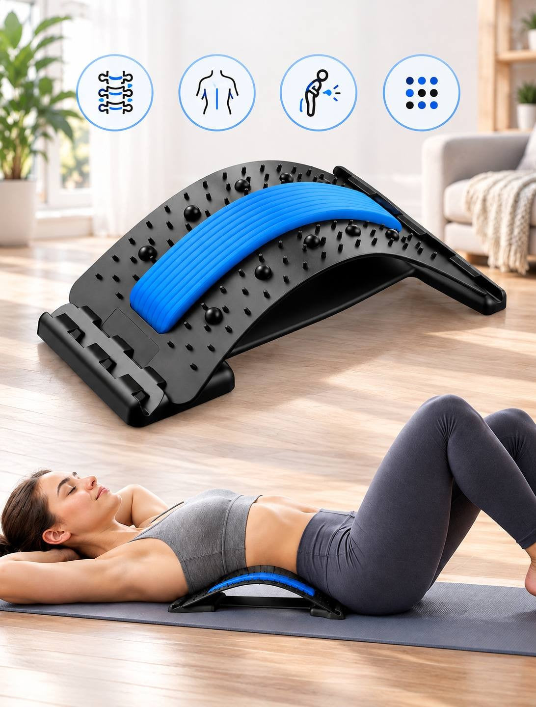 Woman lying on a yoga mat using an adjustable black and blue back stretcher device designed for lumbar support and spinal decompression.