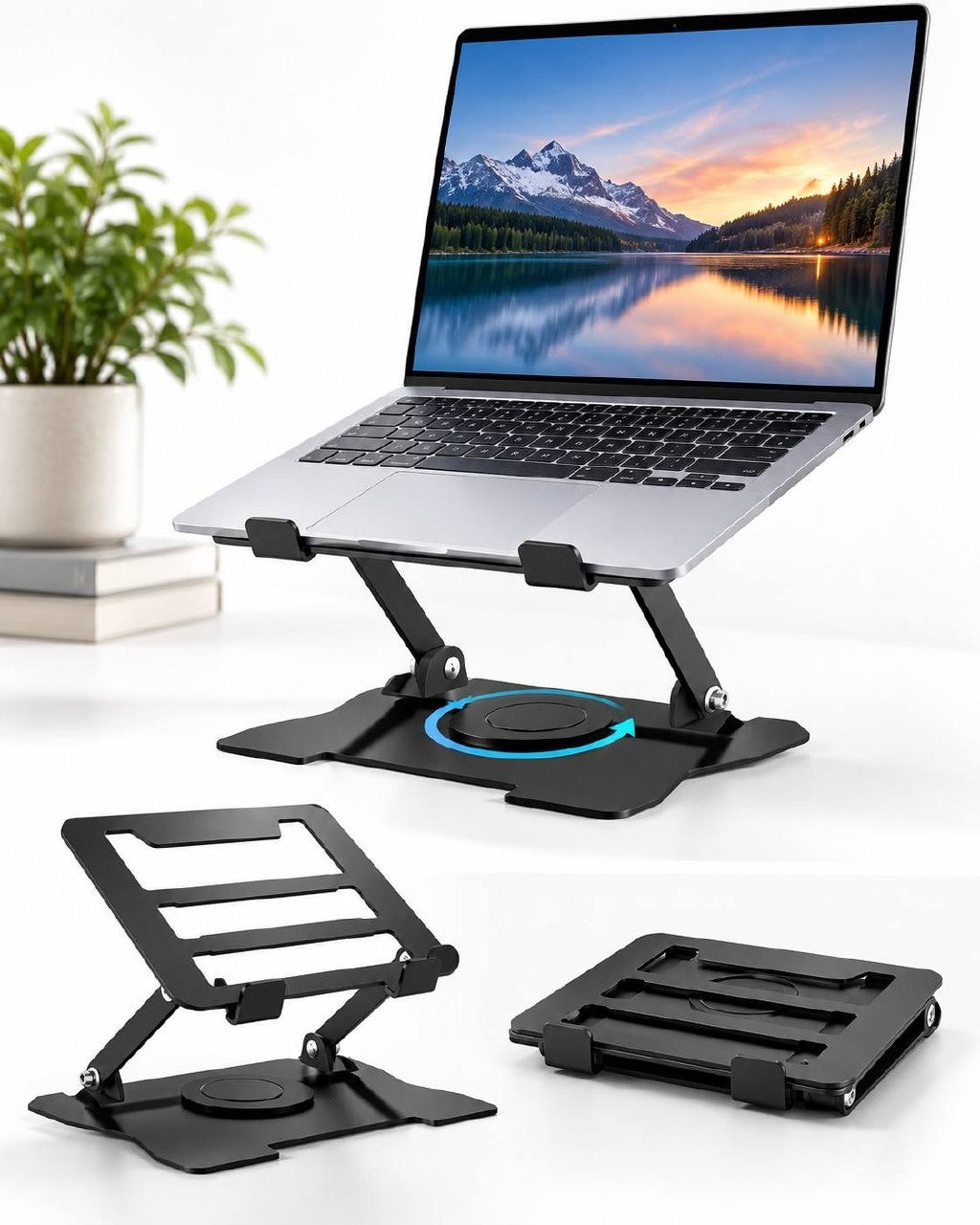 Studio and lifestyle product view of a black folding aluminum laptop stand featuring a 360-degree rotating base, ergonomic height adjustments, and a compact foldable design shown next to it.