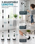 Promotional graphic titled "3 Adjustable Lengths" showing the cordless spin scrubber configured at 11.4 inches, 40.6 inches, and 51.2 inches for handheld, medium, and extended reach cleaning tasks.