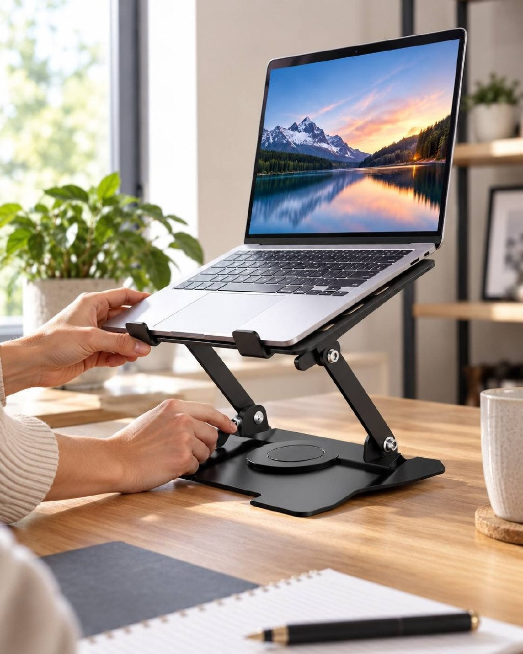 Close-up shot of hands adjusting the height and tilt angle of a black portable laptop stand on a wooden desk.