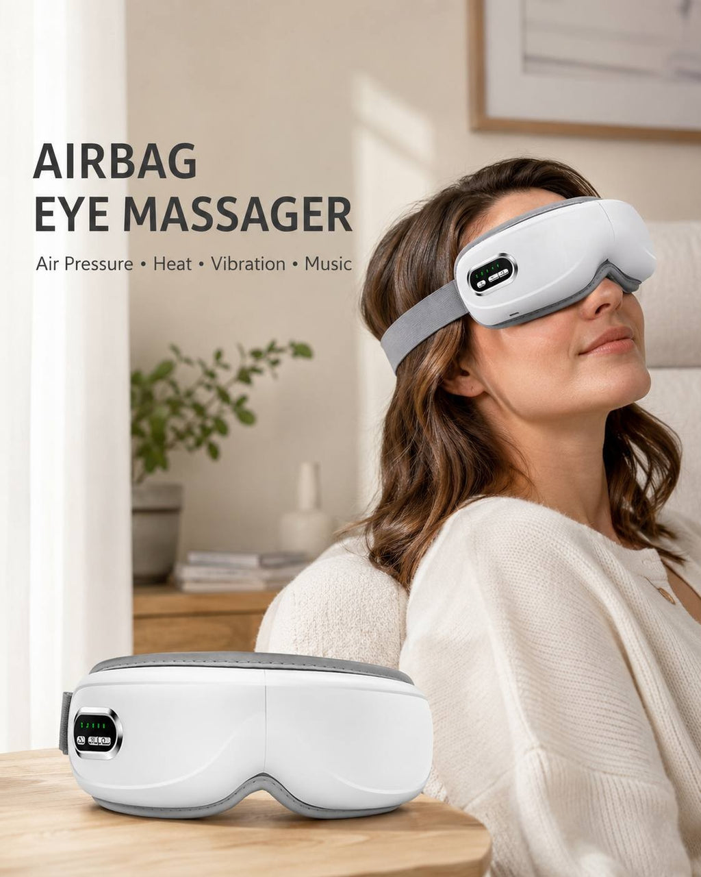 Promotional banner featuring a woman relaxing with a white airbag eye massager, with text highlighting air pressure, heat, vibration, and music functions.