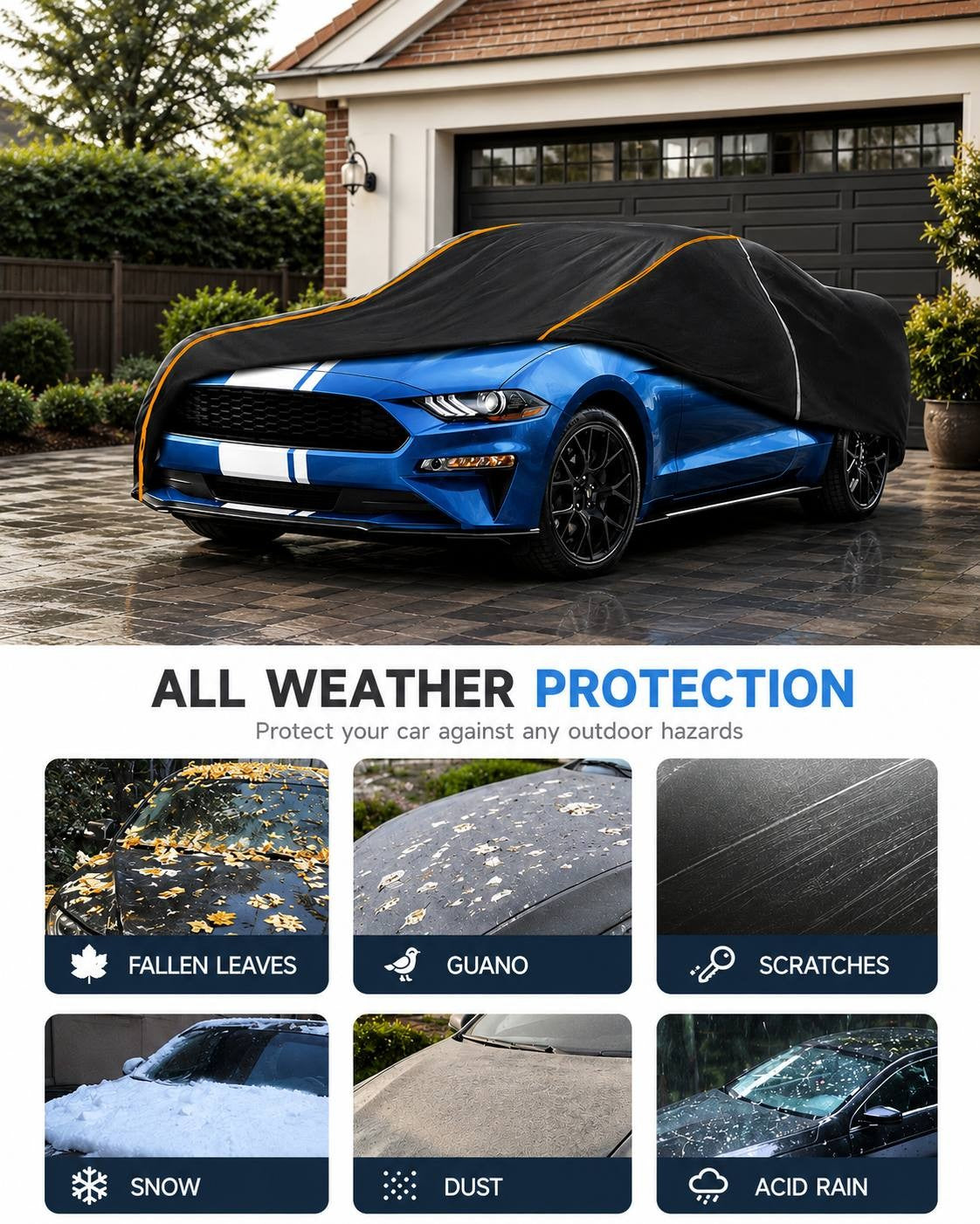 Promotional banner demonstrating all-weather car cover protection, featuring a blue sports car partially covered and grid icons showing protection against fallen leaves, guano, scratches, snow, dust, and acid rain