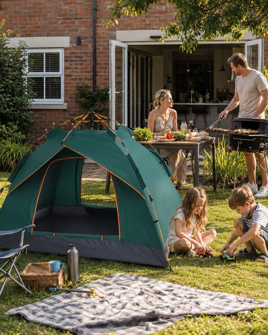 A family backyard setting with a green automatic tent on the grass, children playing with toys, and parents preparing food at a barbecue grill and table near a brick house