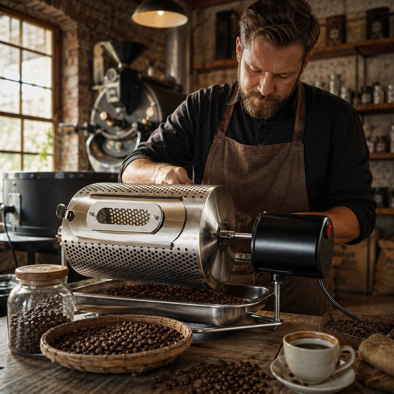 An artisan using a professional stainless steel coffee roaster to prepare freshly roasted coffee beans in a rustic workshop.