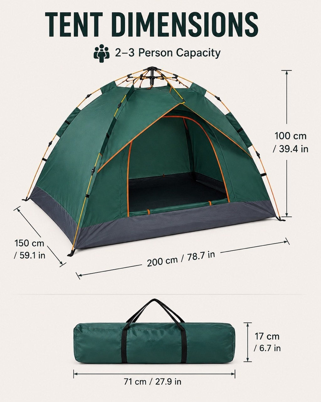 A diagram displaying the dimensions of a 2-3 person automatic camping tent (200 cm length, 150 cm width, 100 cm height) alongside the dimensions of its packed carrying bag (71 cm length, 17 cm height).
