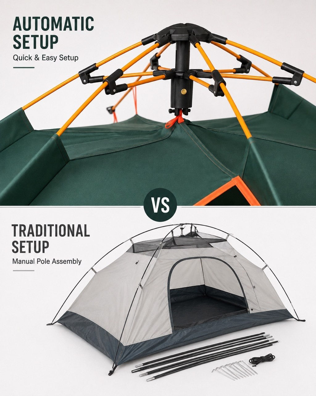 A comparison image showing an automatic tent with a quick and easy hub setup versus a traditional tent requiring manual pole assembly.